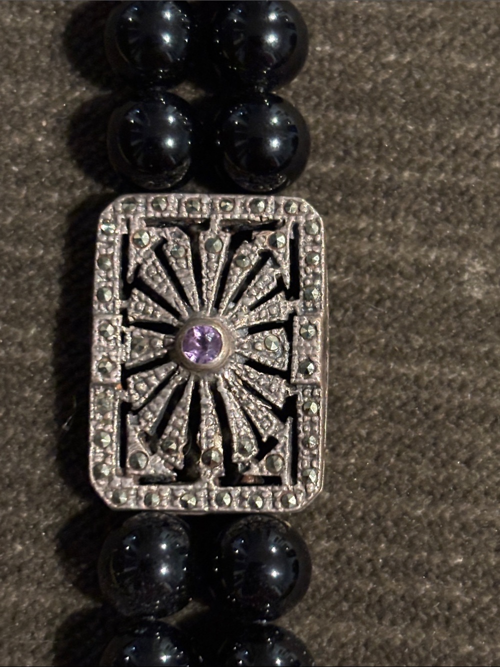 .925 Sterling Silver Black Onyx Beaded Bracelet with Marcasite Accents Vtg 1980s